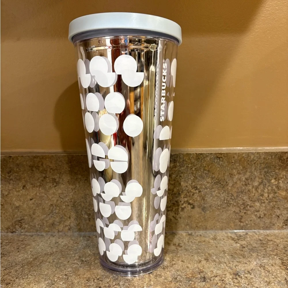 Starbucks Mirror White Polka Dot Venti 24 oz Cold Cup Tumbler W/Lid No Straw